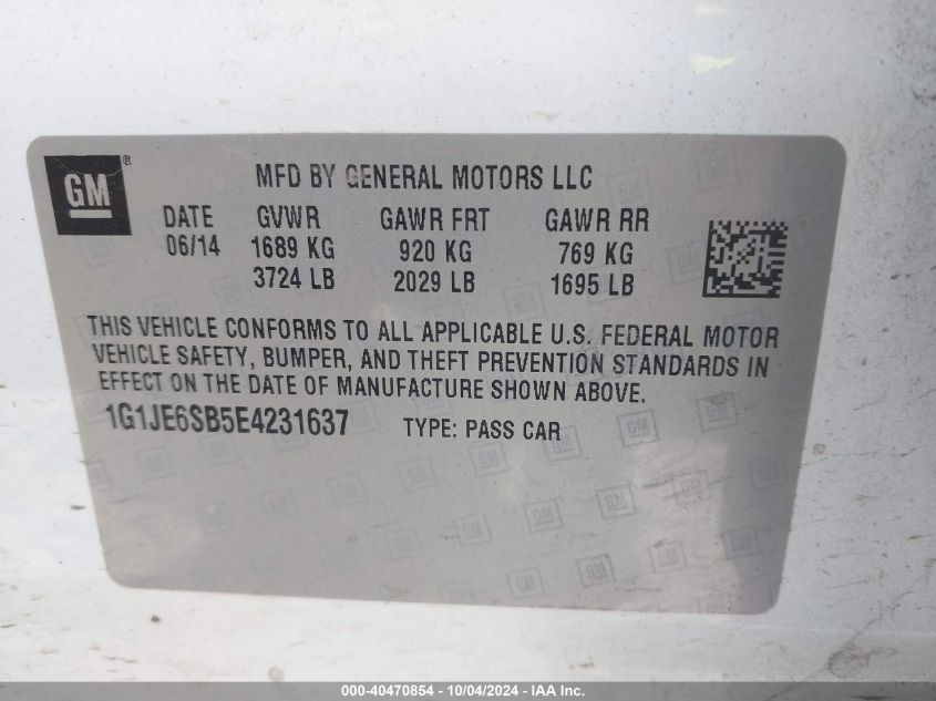 1G1JE6SB5E4231637 2014 Chevrolet Sonic Ltz Auto