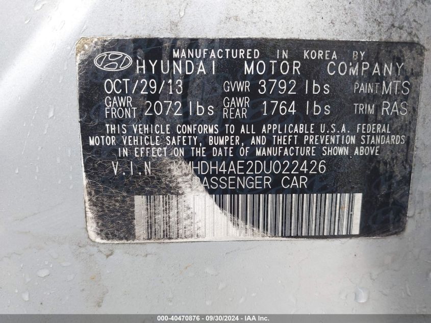 2013 Hyundai Elantra Gls VIN: KMHDH4AE2DU022426 Lot: 40470876