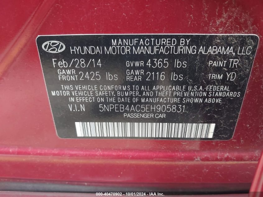 5NPEB4AC5EH905831 2014 Hyundai Sonata Gls