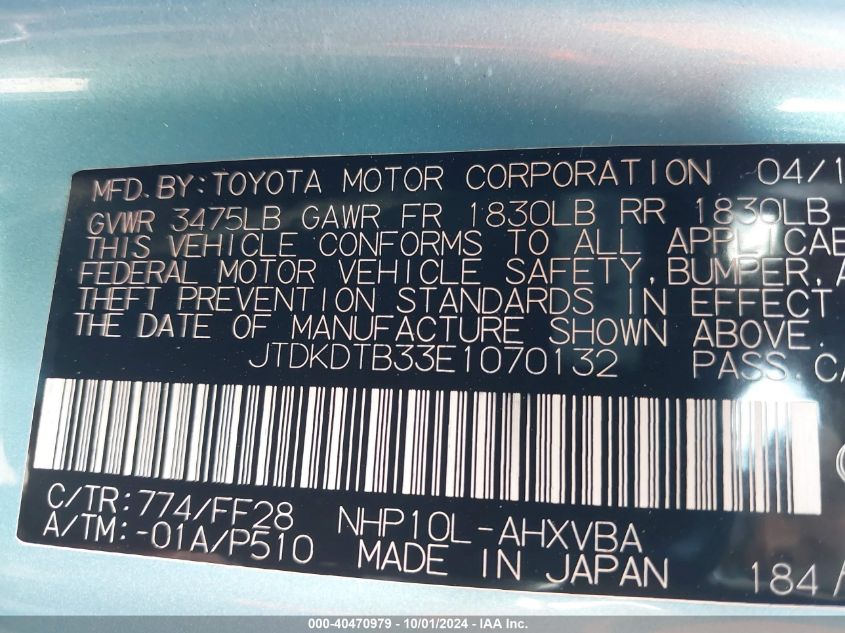 JTDKDTB33E1070132 2014 Toyota Prius C Two