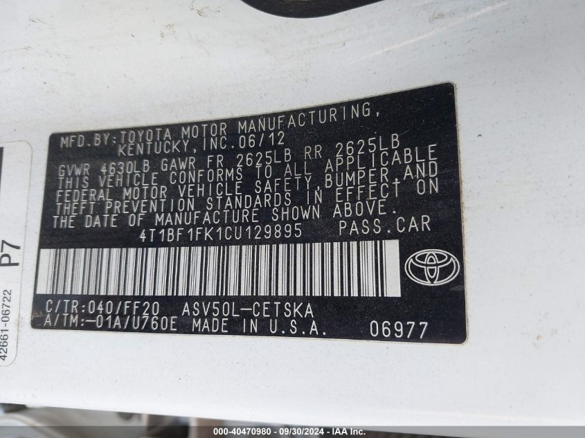 4T1BF1FK1CU129895 2012 Toyota Camry Se