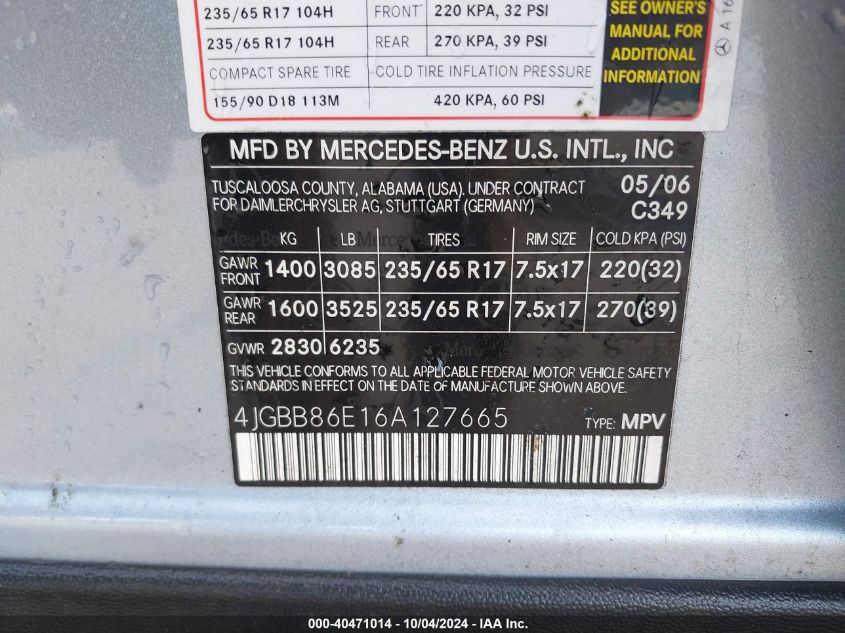 4JGBB86E16A127665 2006 Mercedes-Benz Ml 350 4Matic