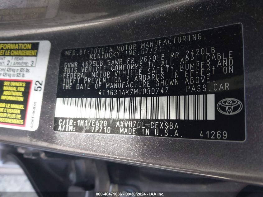 4T1G31AK7MU030747 2021 Toyota Camry Se