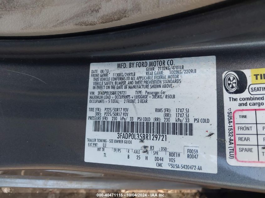 2011 Ford Fusion Hybrid VIN: 3FADP0L35BR129721 Lot: 40471115