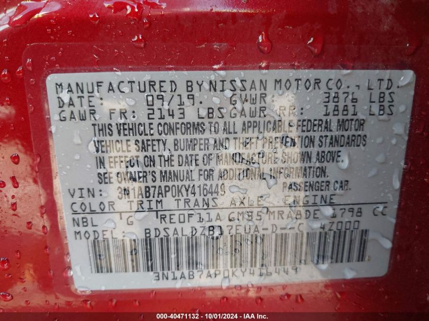 3N1AB7AP0KY416449 2019 Nissan Sentra Sv