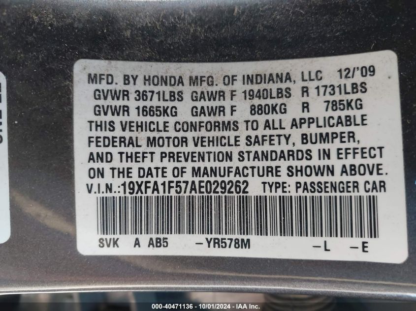 19XFA1F57AE029262 2010 Honda Civic Lx