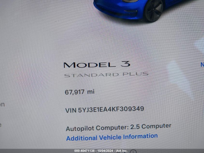 5YJ3E1EA4KF309349 2019 Tesla Model 3 Long Range/Mid Range/Standard Range/Standard Range Plus