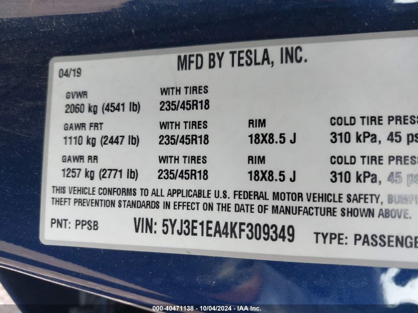 5YJ3E1EA4KF309349 2019 Tesla Model 3 Long Range/Mid Range/Standard Range/Standard Range Plus