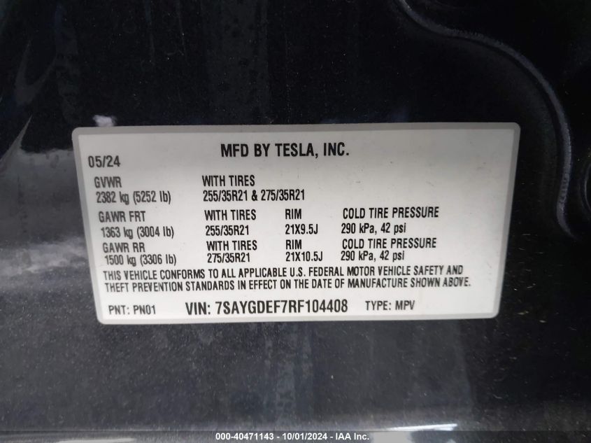 7SAYGDEF7RF104408 2024 Tesla Model Y