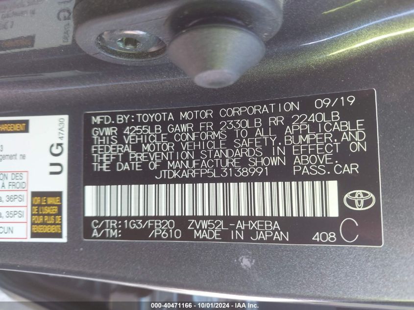 VIN JTDKARFP5L3138991 2020 Toyota Prius, Prime LE no.9