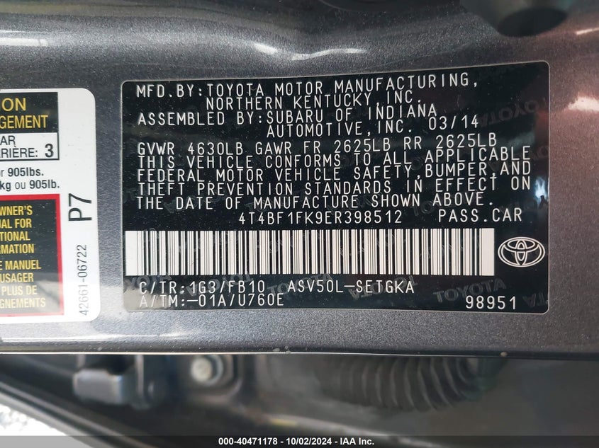 4T4BF1FK9ER398512 2014 Toyota Camry Xle