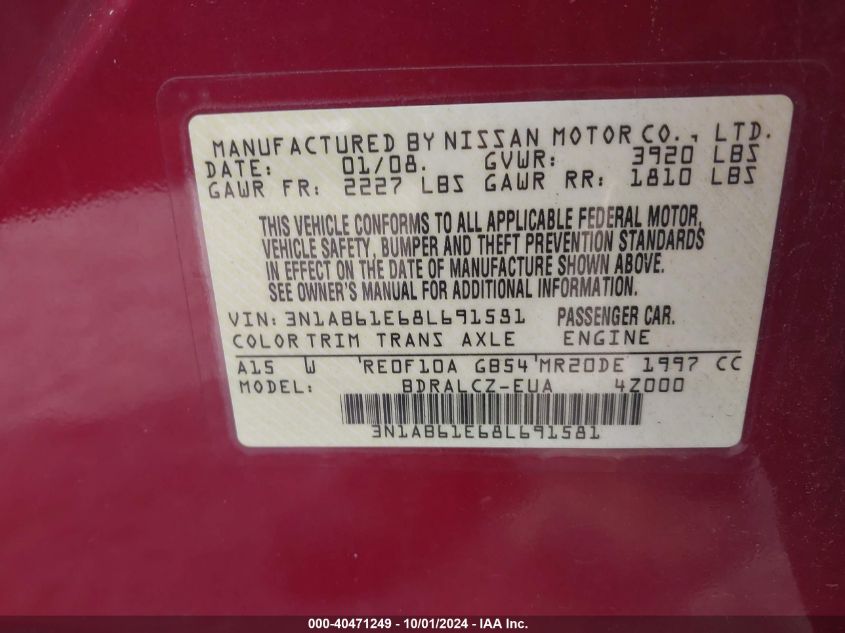 3N1AB61E68L691581 2008 Nissan Sentra 2.0