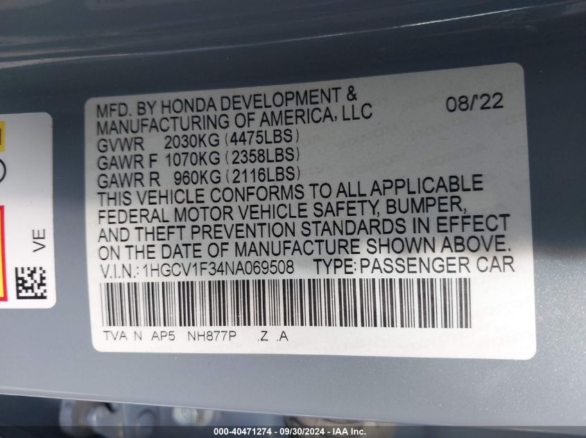 2022 Honda Accord Sport VIN: 1HGCV1F34NA069508 Lot: 40471274