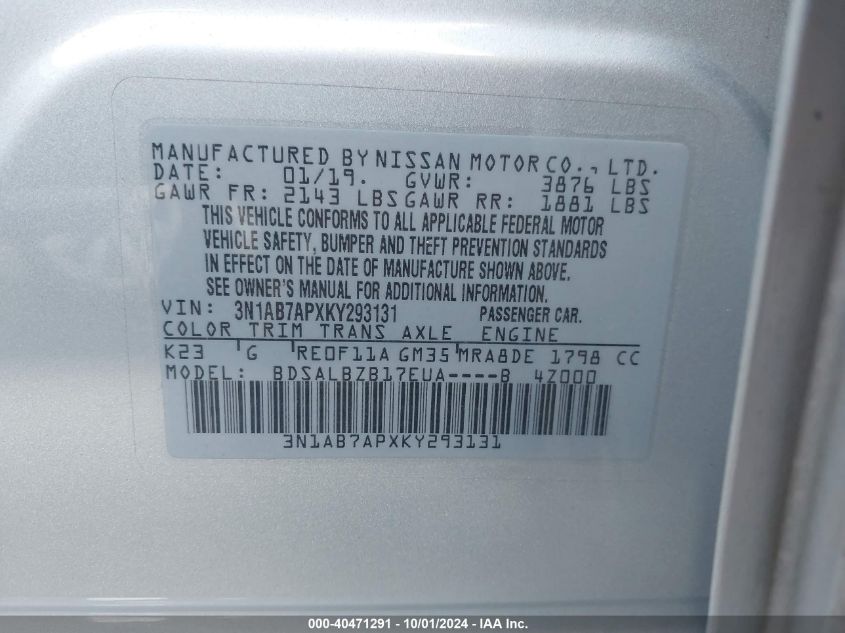 3N1AB7APXKY293131 2019 Nissan Sentra S/Sv/Sr/Sl