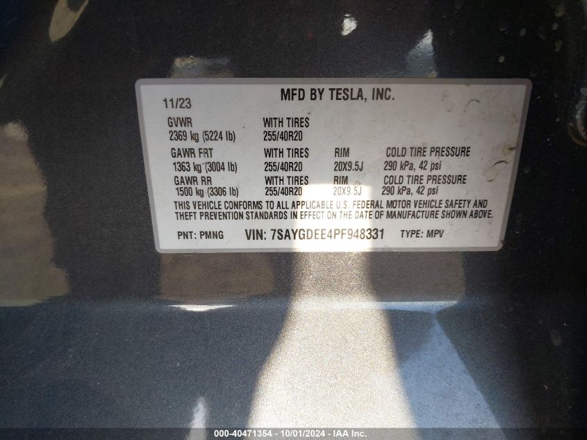 2023 Tesla Model Y VIN: 7SAYGDEE4PF948331 Lot: 40471354