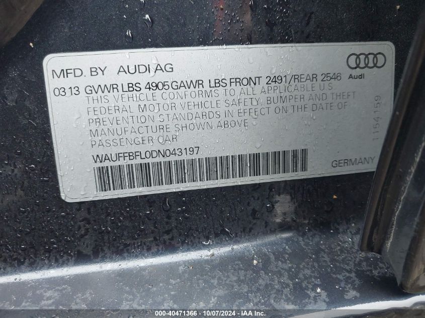 2013 Audi A4 2.0T Premium VIN: WAUFFBFL0DN043197 Lot: 40471366