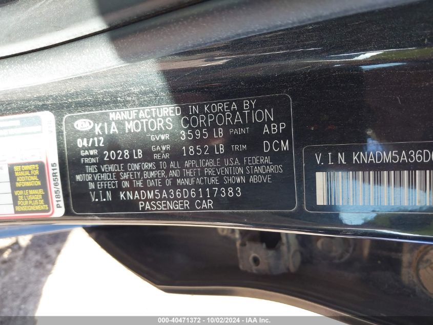 KNADM5A36D6117383 2013 Kia Rio Lx