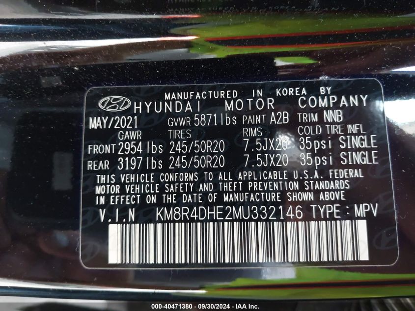 2021 Hyundai Palisade Sel VIN: KM8R4DHE2MU332146 Lot: 40471380