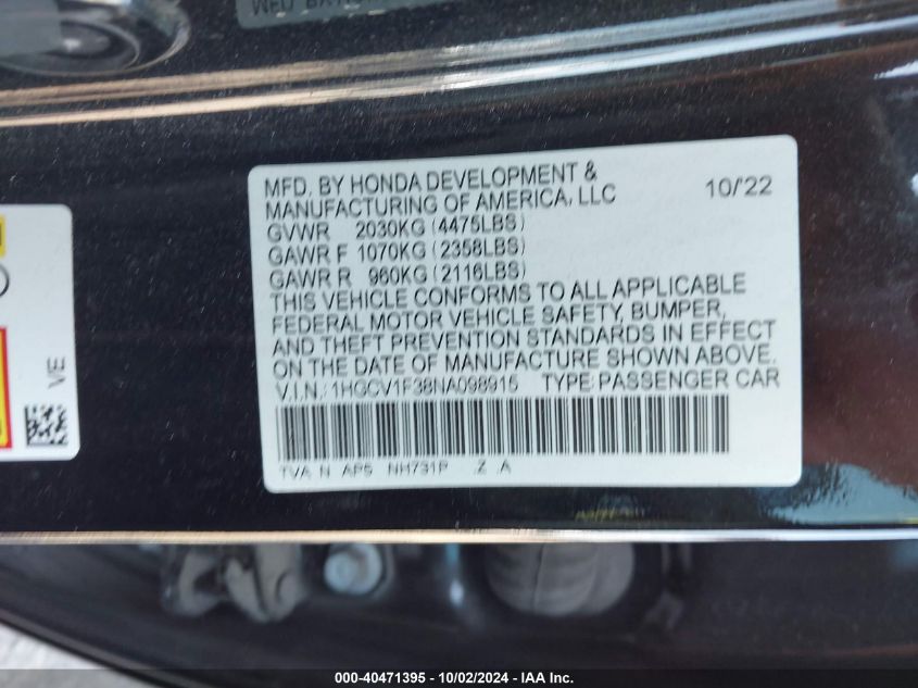 1HGCV1F38NA098915 2022 Honda Accord Sport