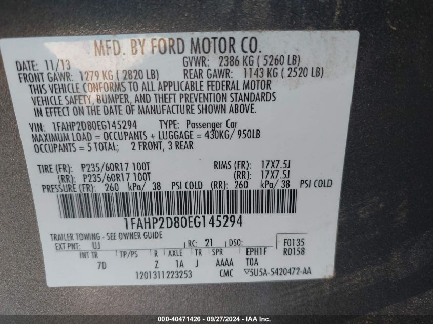 1FAHP2D80EG145294 2014 Ford Taurus Se