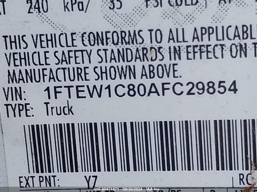 2010 Ford F-150 Fx2 Sport/Xl/Xlt VIN: 1FTEW1C80AFC29854 Lot: 40471471