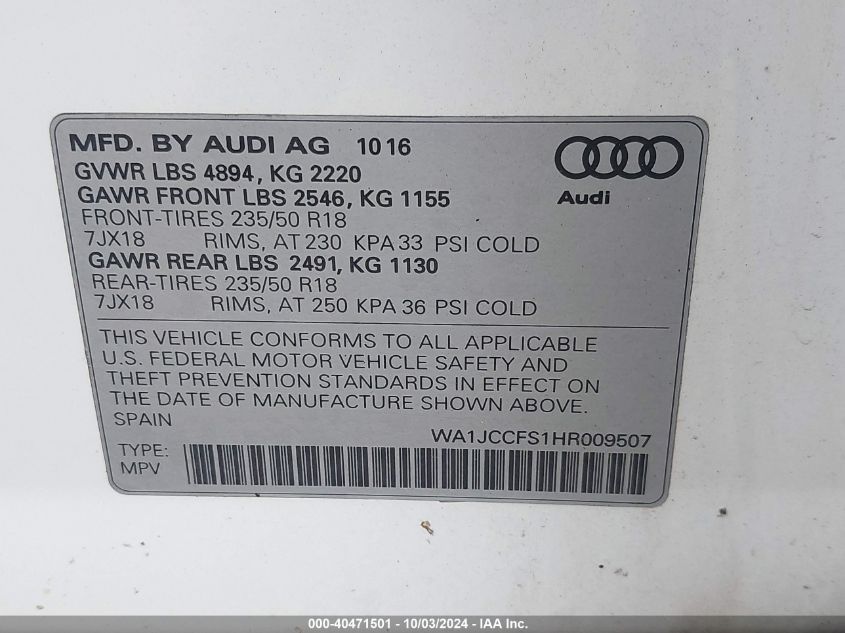 2017 Audi Q3 2.0T Premium VIN: WA1JCCFS1HR009507 Lot: 40471501