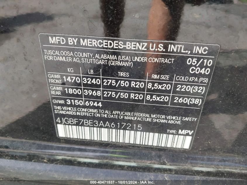 4JGBF7BE3AA617215 2010 Mercedes-Benz Gl 450 4Matic