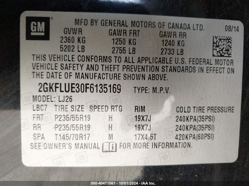 2015 GMC Terrain Denali VIN: 2GKFLUE30F6135169 Lot: 40471561