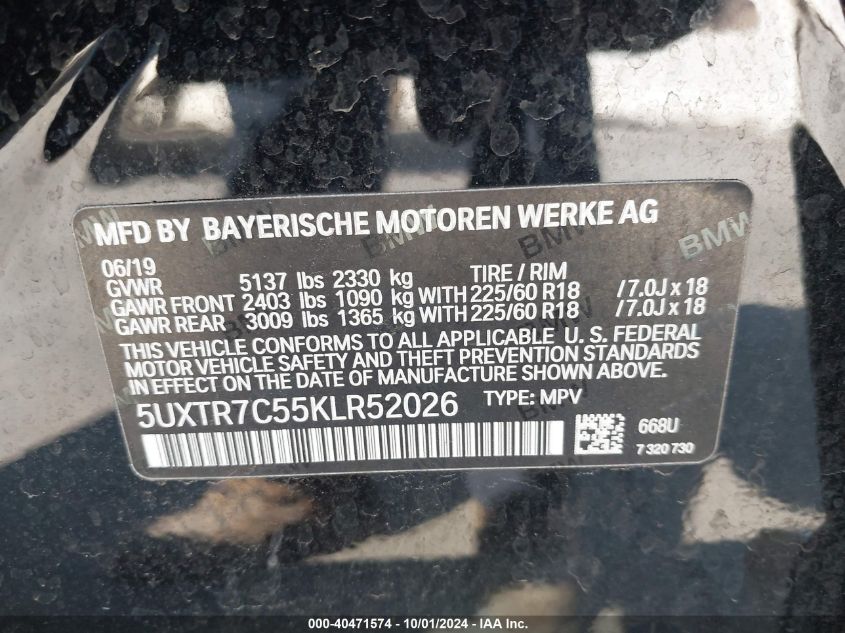 5UXTR7C55KLR52026 2019 BMW X3 Sdrive30I