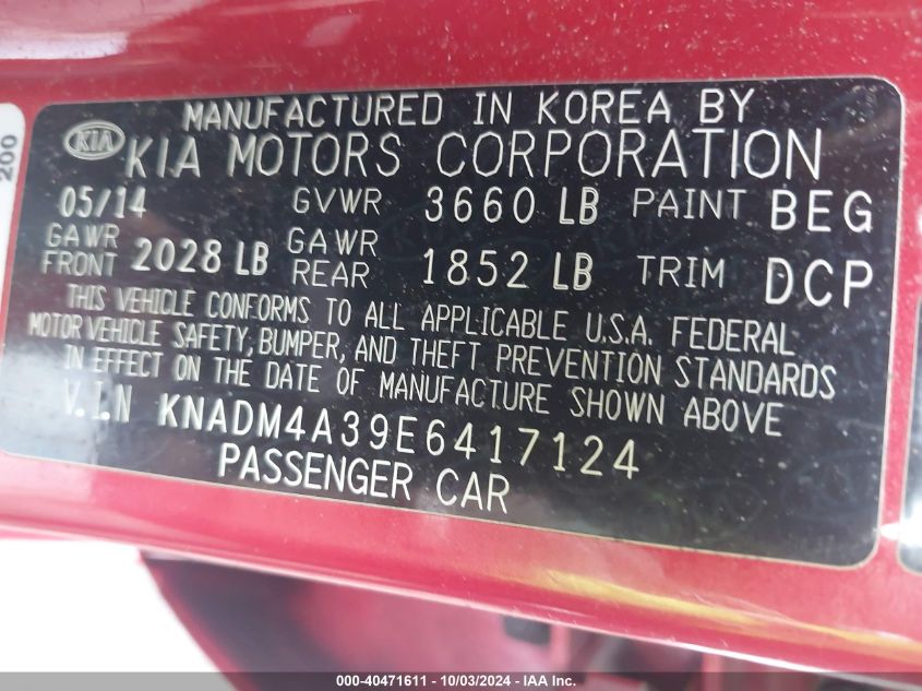 KNADM4A39E6417124 2014 Kia Rio Lx