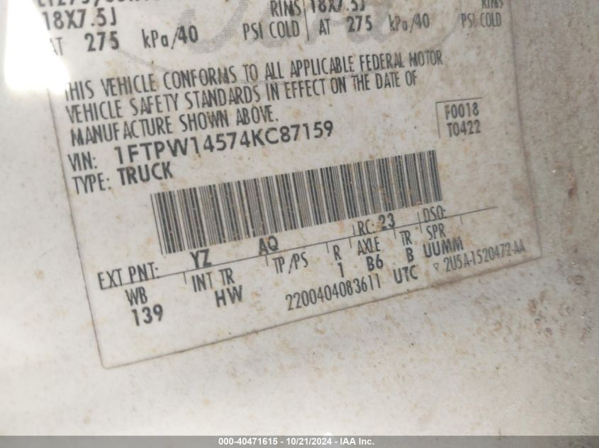 2004 Ford F-150 Fx4/Lariat/Xlt VIN: 1FTPW14574KC87159 Lot: 40471615