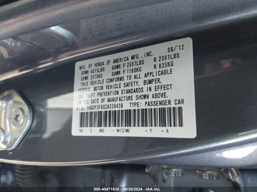 1HGCP3F8XCA038438 2012 Honda Accord 3.5 Ex-L