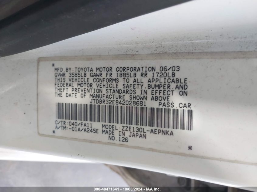 2004 Toyota Corolla VIN: JTDBRG2E842028681 Lot: 40471641