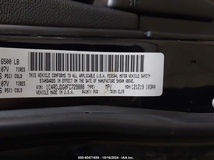 2015 Dodge Durango Limited VIN: 1C4RDJDG0FC729888 Lot: 40471655