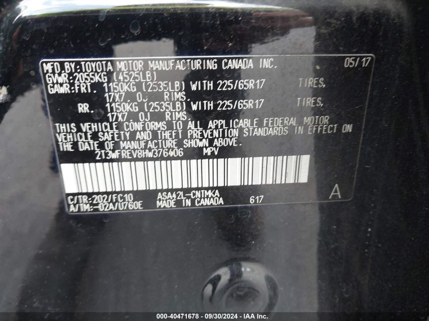 2T3WFREV8HW376406 2017 Toyota Rav4 Xle