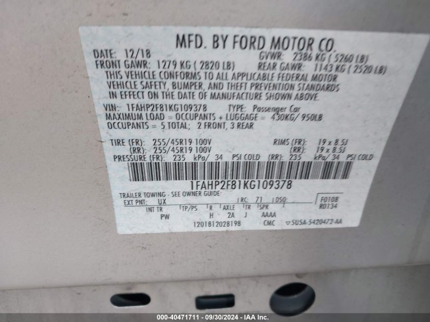 1FAHP2F81KG109378 2019 Ford Taurus Limited