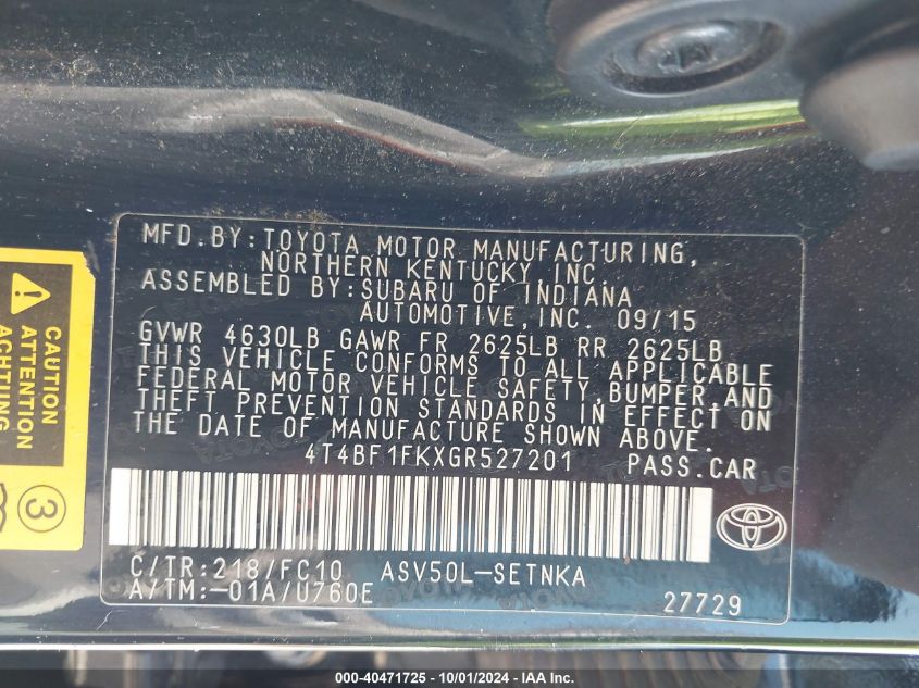 4T4BF1FKXGR527201 2016 Toyota Camry Le