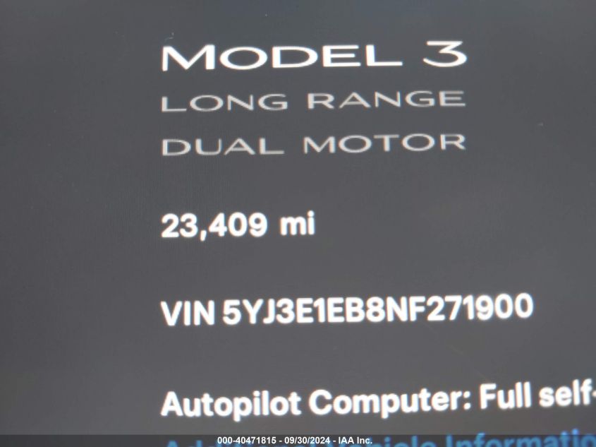 2022 Tesla Model 3 Long Range Dual Motor All-Wheel Drive VIN: 5YJ3E1EB8NF271900 Lot: 40471815