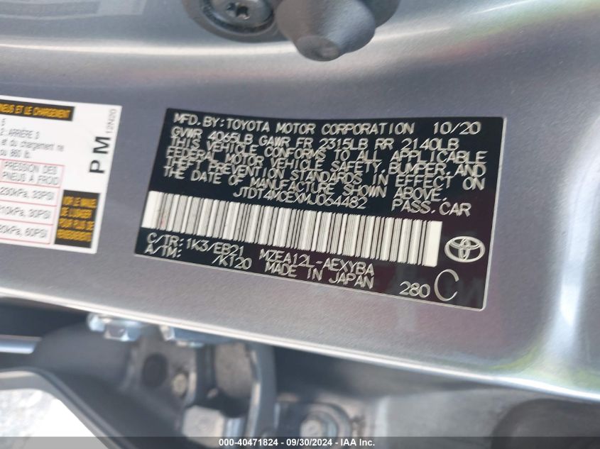 VIN JTDT4MCEXMJ064482 2021 TOYOTA COROLLA XSE
