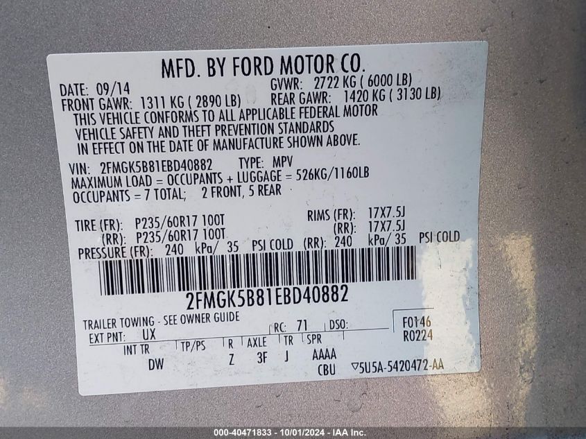 2FMGK5B81EBD40882 2014 Ford Flex Se