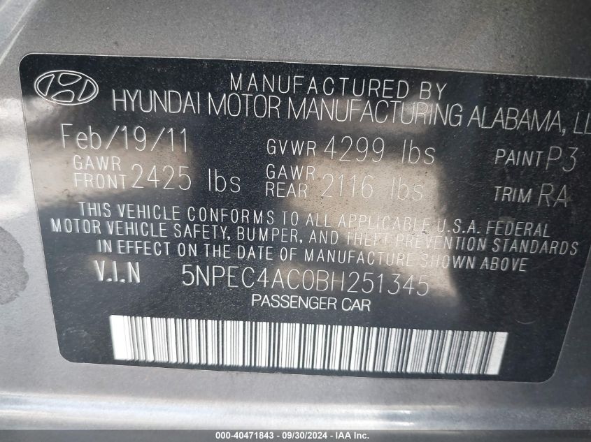 5NPEC4AC0BH251345 2011 Hyundai Sonata Limited