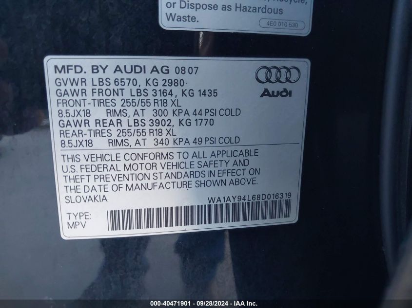 WA1AY94L68D016319 2008 Audi Q7 3.6 Quattro