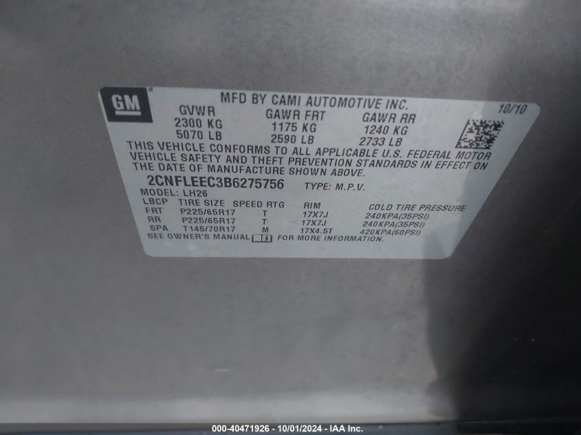 2CNFLEEC3B6275756 2011 Chevrolet Equinox 1Lt