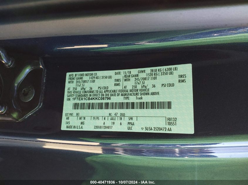 1FTEX1CB4KKC08796 2019 Ford F-150 Xlt