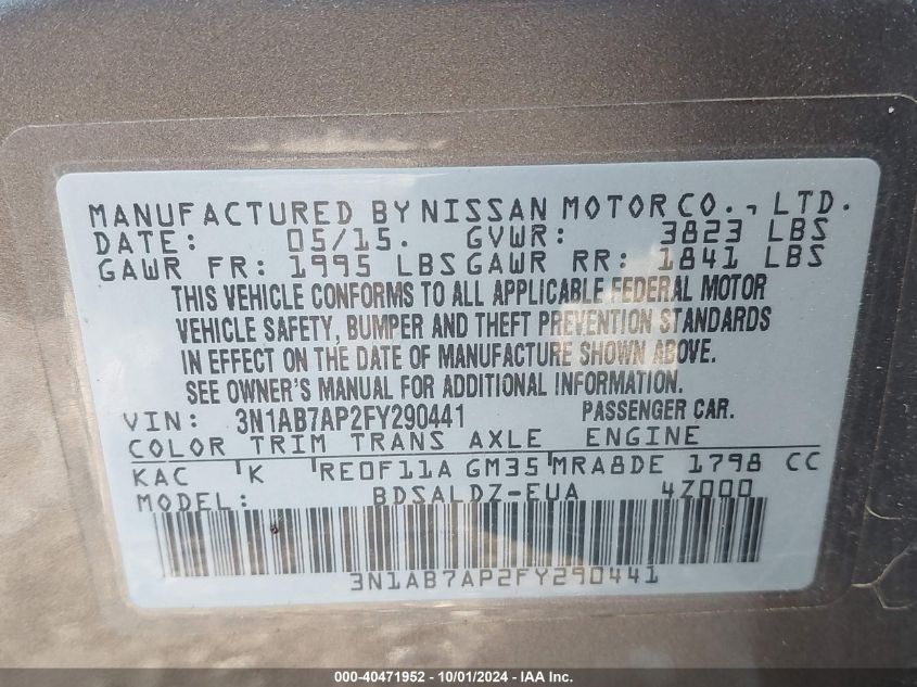 3N1AB7AP2FY290441 2015 Nissan Sentra Sv