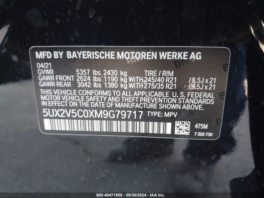 2021 BMW X4 M40I VIN: 5UX2V5C0XM9G79717 Lot: 40471958