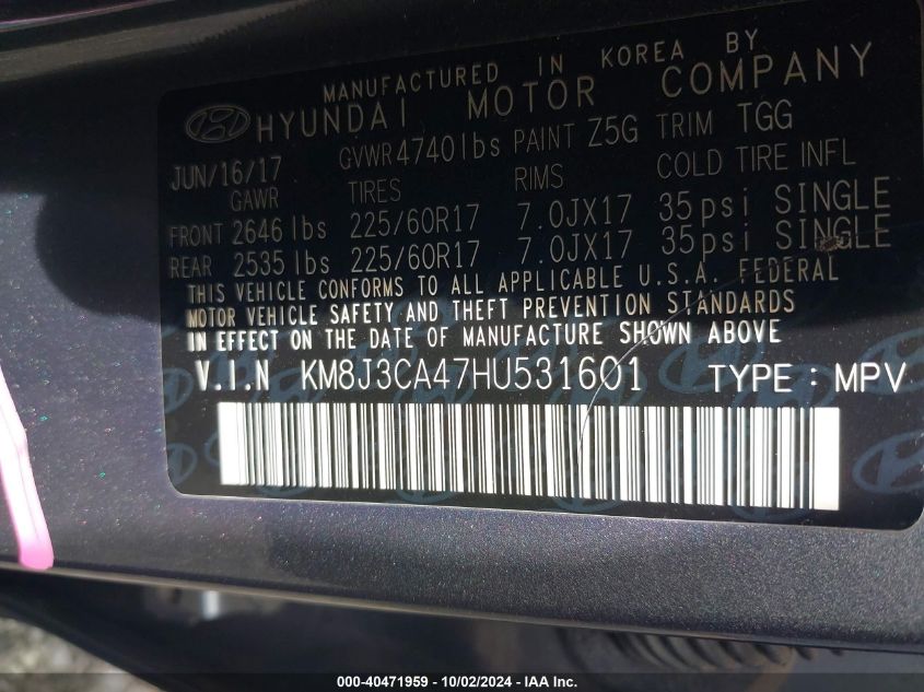 KM8J3CA47HU531601 2017 Hyundai Tucson Se