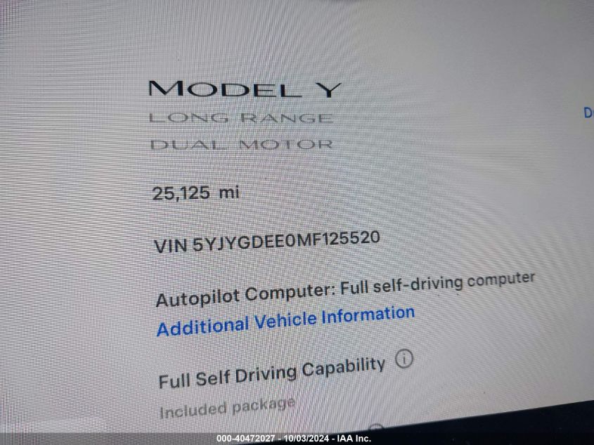 2021 Tesla Model Y Long Range Dual Motor All-Wheel Drive VIN: 5YJYGDEE0MF125520 Lot: 40472027