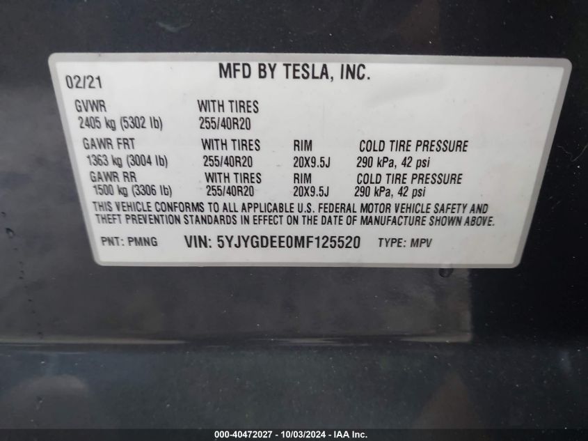 2021 Tesla Model Y Long Range Dual Motor All-Wheel Drive VIN: 5YJYGDEE0MF125520 Lot: 40472027