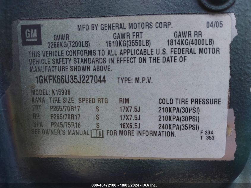 1GKFK66U35J227044 2005 GMC Yukon Xl 1500 Denali